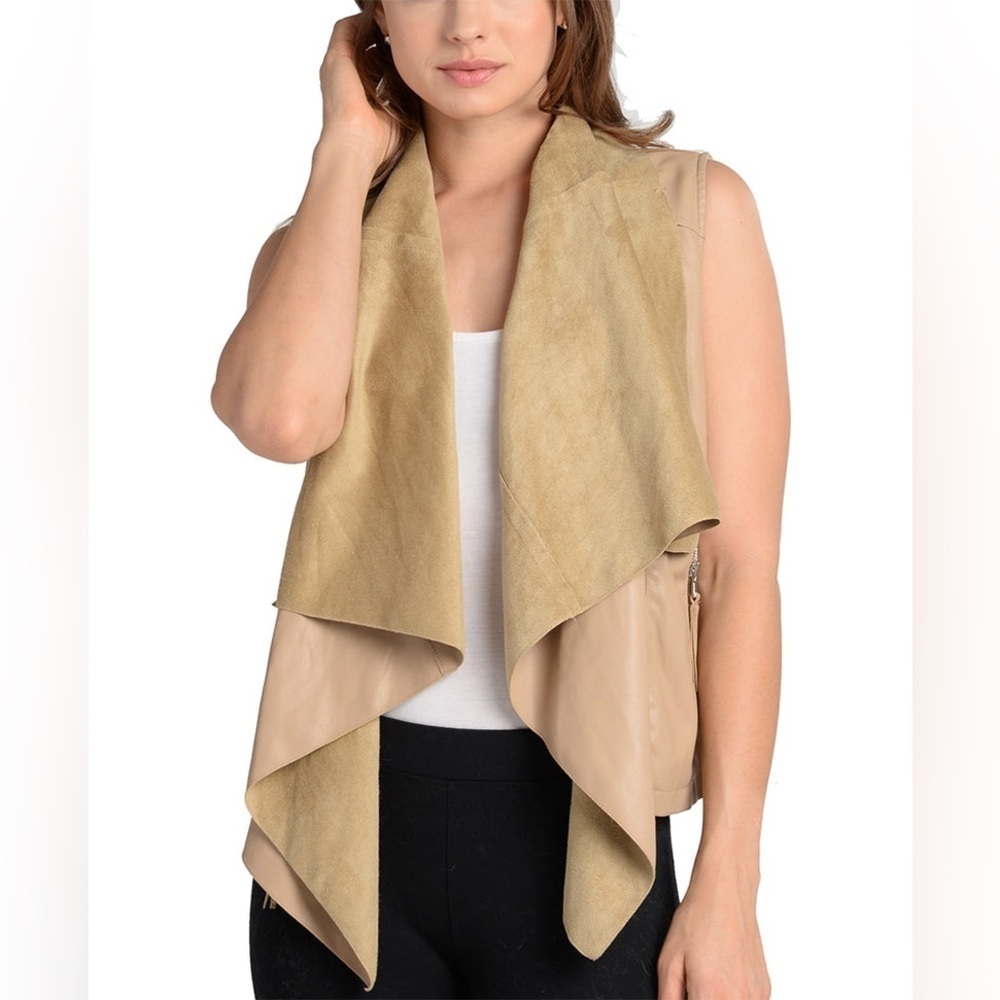 Love Token Jinx Vest Ruffle Lapel Faux Suede Vest Small Tan